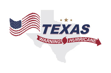 Warning hurricane in Texas. Symbols with flag, maps and arrows on a white background. Flat vector illustration EPS 10.