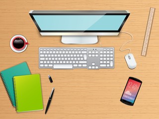 Business office and workspace top view background