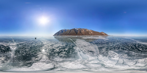 crack on the ice of Lake Baikal from Olkhon. Spherical 360 vr 180 degree panorama