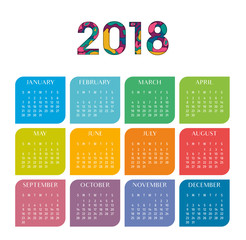 Year 2018 calendar vector template. Modern 2018 calendar. Vector of Calendar 2018 year, 12 month calendar with modern style.