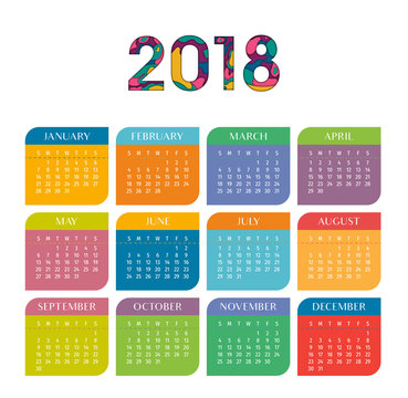 Year 2018 calendar vector template. Modern 2018 calendar. Vector of Calendar 2018 year, 12 month calendar with modern style.