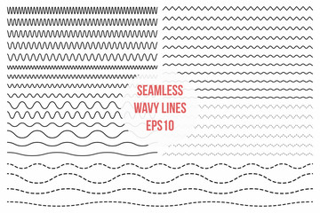 Wavy lines set. Horizontal seamless thin zig zag, criss cross and wavy lines for brushes © Yevhenii
