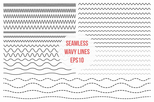 Wavy lines set. Horizontal seamless thin zig zag, criss cross and wavy lines for brushes