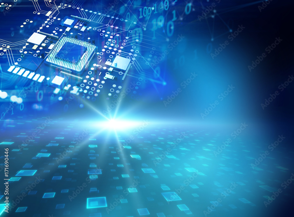 Poster 3d rendering of futuristic blue circuit board