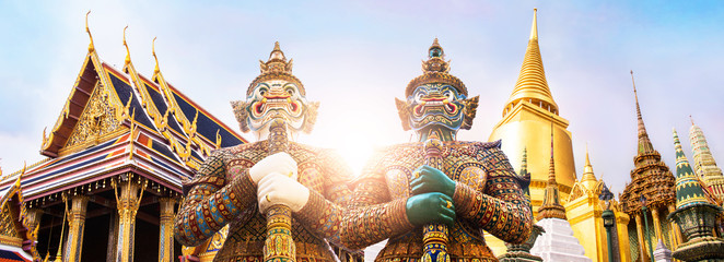 Wat Phra Kaew, Emerald Buddha temple,  Wat Phra Kaew is one of Bangkok's most famous tourist sites - obrazy, fototapety, plakaty