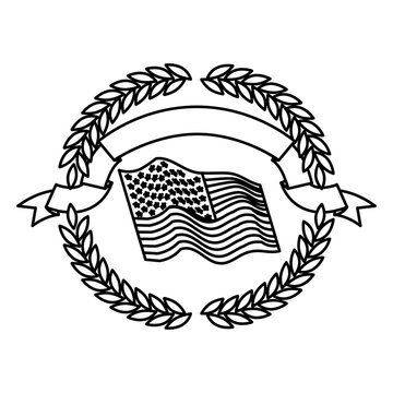 united states flag waving inside of circle of olive branches with ribbon on top in monochrome silhouette vector illustration