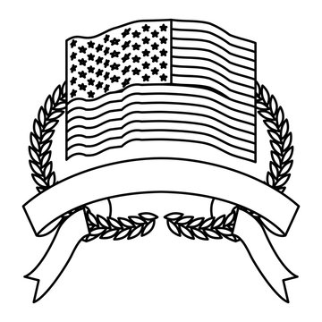 united states flag inside of olive branches bow and ribbon on bottom in monochrome silhouette vector illustration