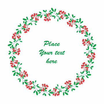 Christmas round frame with the image of branches and berries. Vector background.