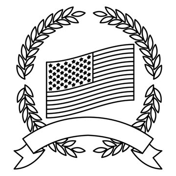 united states flag inside of circle of olive branches and ribbon on bottom in monochrome silhouette vector illustration