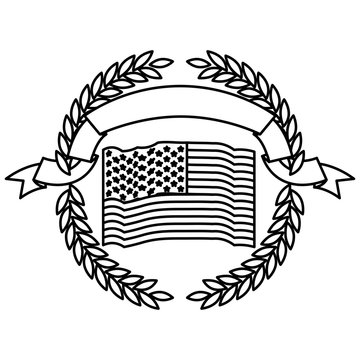 united states flag inside of circle of olive branches with ribbon on top in monochrome silhouette vector illustration