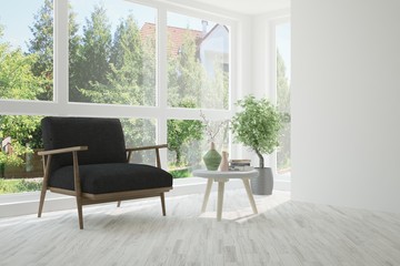 White room with armchair and green landscape in window. Scandinavian interior design. 3D illustration