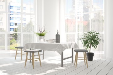 White dinner room with green landscape in window. Scandinavian interior design. 3D illustration