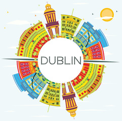 Dublin Skyline with Color Buildings, Blue Sky and Copy Space.