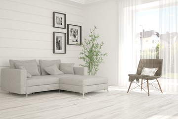 Idea of white minimalist room with sofa. Scandinavian interior design. 3D illustration