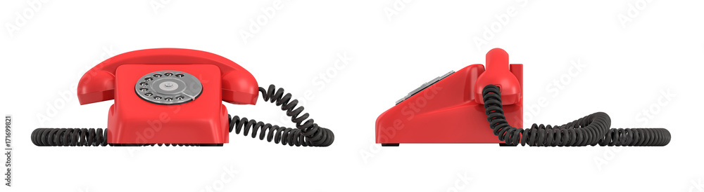 Poster 3d rendering of an old-fashioned rotary phone in front and side view on white background.