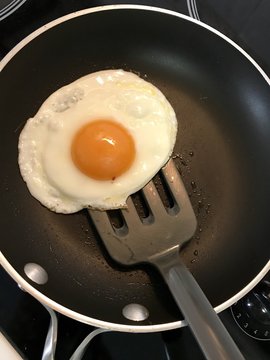 top view of fried egg for beakfast on black pan