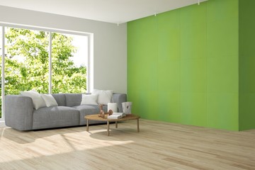 Idea of white room with sofa and summer landscape in window. Scandinavian interior design. 3D illustration