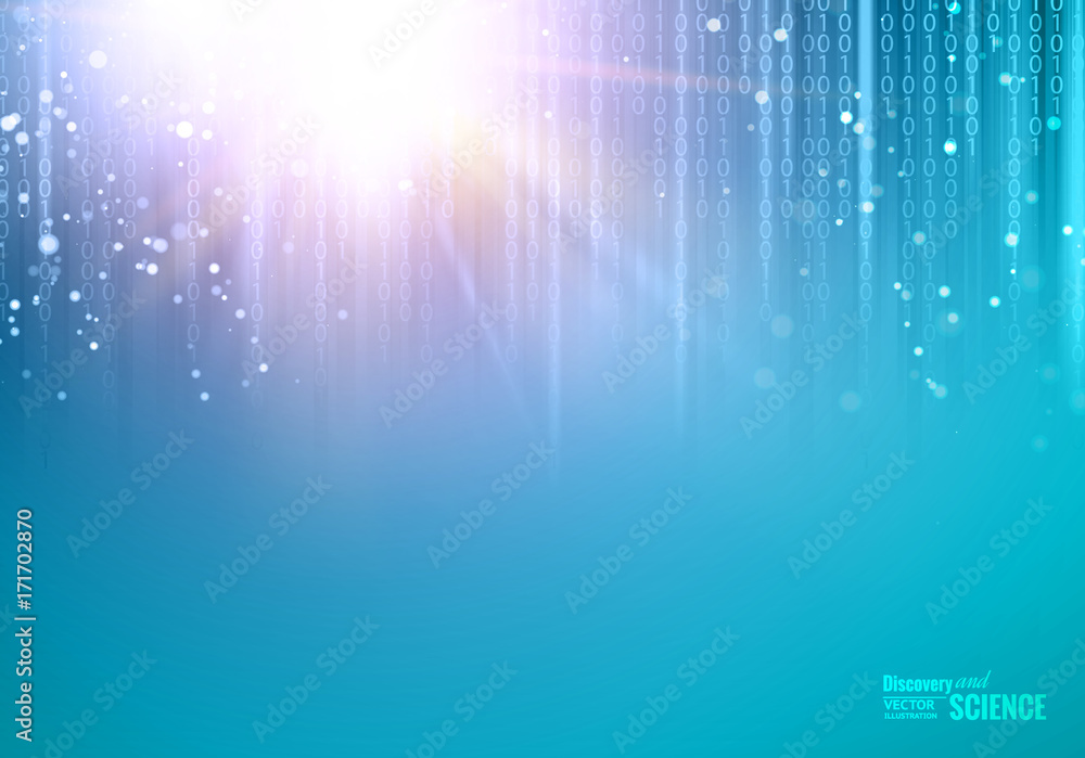Poster Abstract blue lights background. Abstraction for science presentations. Bigdata array of fallen digits in matrix style. Abstract futuristic background. Vector illustration.