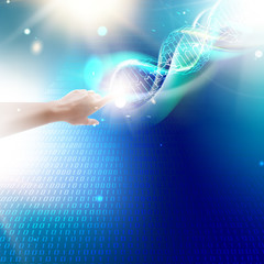 Human hand pointing to the DNA over blue sky background with falling digits of bigdata array. DNA and bigdata. Vector illustration.