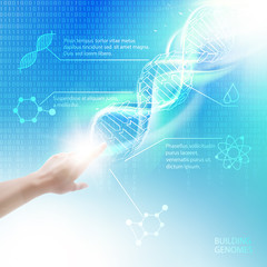 Human hand pointing to DNA formula on the blue background with different scientific texts and program digits of bigdata array. Vector illustration.