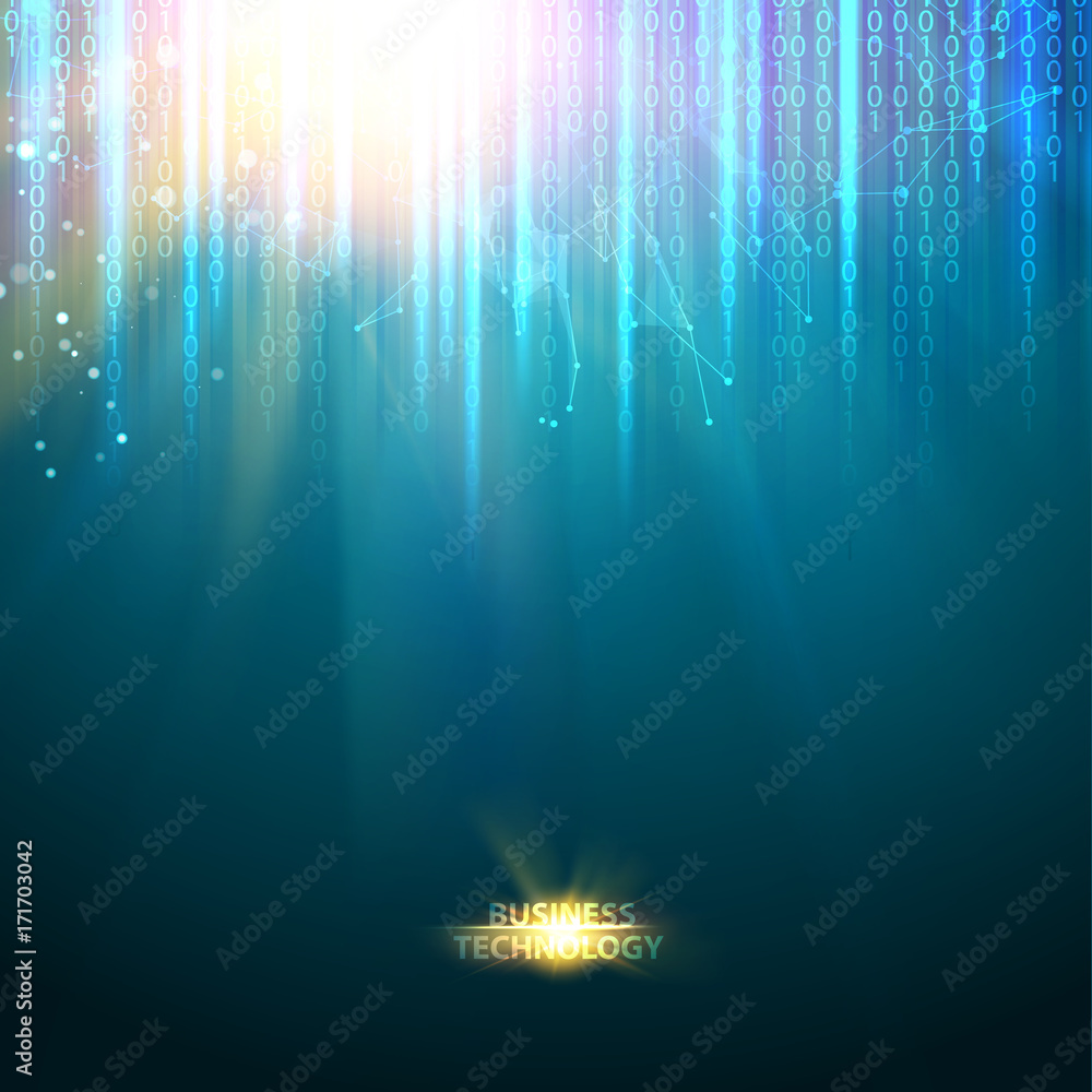 Poster Abstract blue science design and bigdata. Particles of computer network with fallen array of numbers over blue background. Abstract science design. Vector illustration.