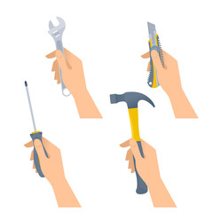 Human hands hold small tools: hammer, spanner, screwdriver, knife. Flat illustration of male and female hands with construction and renovation home maintenance instrument. Vector design element set.