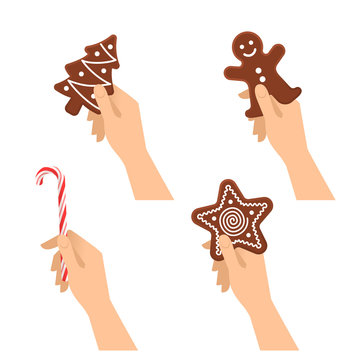 Human hands hold christmas sweet symbols: chocolate cookies, candy cane. Flat illustration of male and female hands with traditional xmas gifts: gingerman, star, new year tree. Vector design elements.