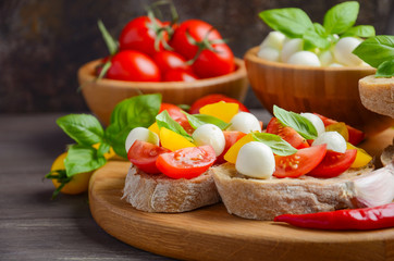 Bruschetta with cherry tomatoes and mozzarella, selective focus