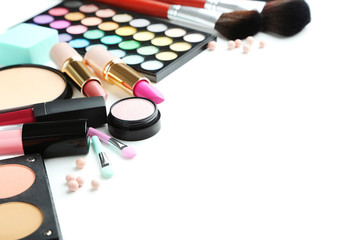 Obraz na płótnie Canvas Different makeup cosmetics on white background