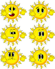 Cartoon sun is trying to scare you. Collection with sad faces. Expressions vector set.