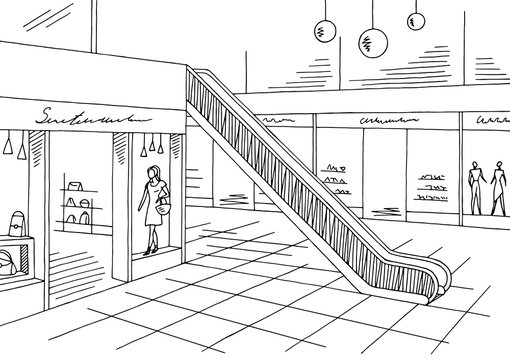 Shopping mall graphic black white interior sketch illustration vector