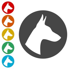 Doberman dog silhouette, side view, vector icons set 