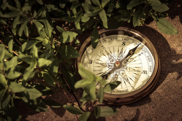 Kompass auf steinigem Untergrund im Gebüsch Suche nach dem Weg Expedition Reise