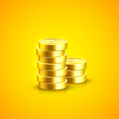 Pile of coins on the orange background. Vector illustration