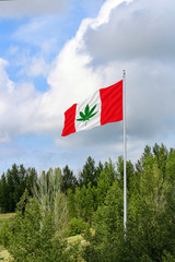 Red and white Canadian flag with a green pot leaf waving in the wind on a flagpole