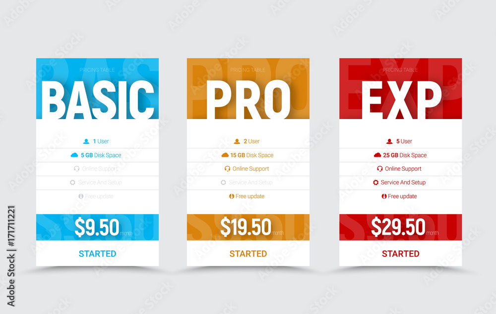 Poster template of vector price tables for the basic, professional and expert level.