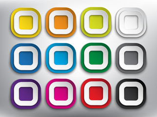 Abstract vector web buttons set of 12. Set of square paper style buttons for your website or app. Isolated on the white background. Vector illustration. Eps10.