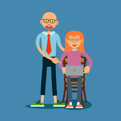 Guy advises girl how to work on laptop