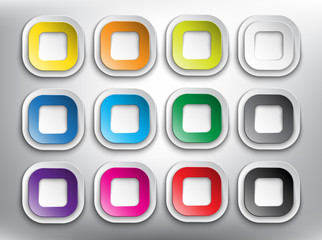 Abstract vector web buttons set of 12. Set of square paper style buttons for your website or app. Isolated on the white background. Vector illustration. Eps10.