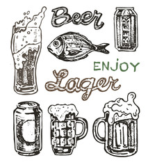 October fest. Vector  beer glasses and mugs in hand drawn style. Drink beer. Vector illustration.
