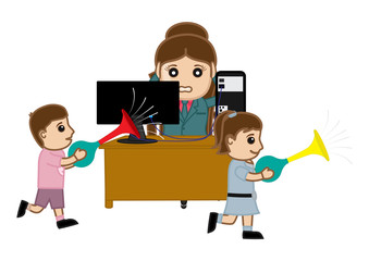 Woman Irritating with Playing Kids