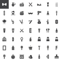 Barber shop vector icons set, modern solid symbol collection, filled pictogram pack. Signs, logo illustration. Set includes icons as brush, hair pin, comb, hairbrush, razor, beard, scissors