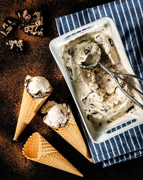 Creamy Ice Cream With Chocolate Crumbs In A Waffle Cone