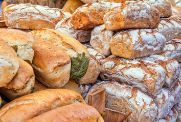 Traditional rustic homemade bread on a street trading stand