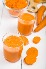 Carrot juice on a wooden table