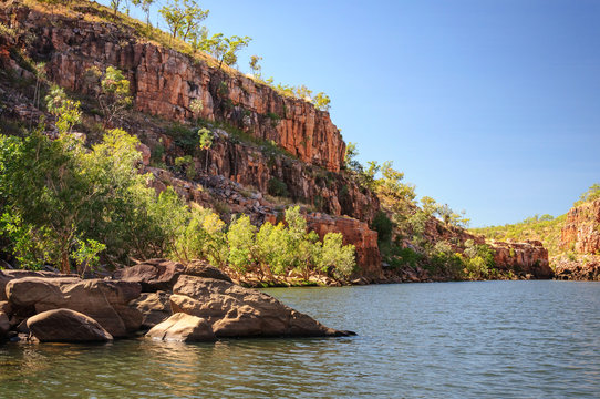 Sandstone walls at the end point of the cruise in the dry season at Katherine Gorge, Australia.