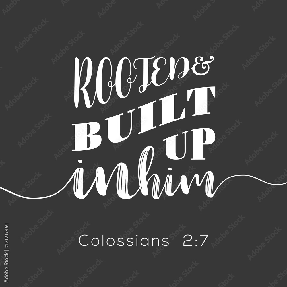 Wall mural typography Rooted and built up in him from Colossians, new testament, bible verse for encourage - Wall murals
