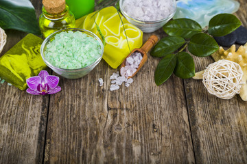 Spa treatments on wooden table