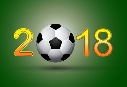Soccer ball in 2018 digit on green background.