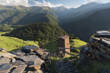 Fototapeta na wymiar Georgian defensive towers in the mountain village Omalo. Traditional architecture in Georgia. Landscape of Caucasus mountains with Tusheti towers at the forground in summer